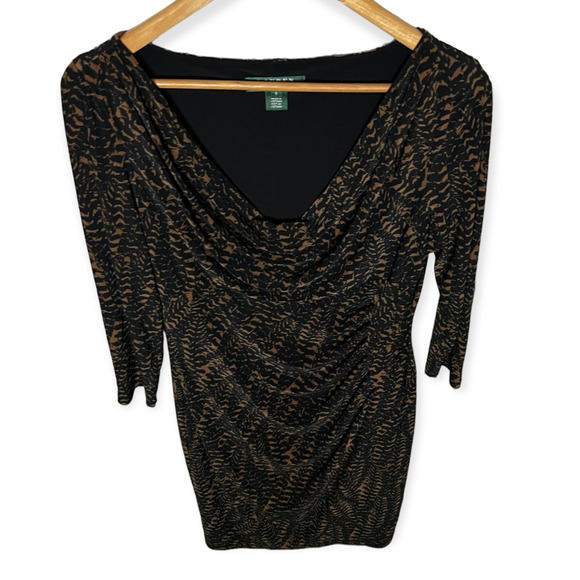Lauren Ralph Lauren Dresses & Skirts - Lauren Ralph Lauren Women's Black & Brown Print Cowl Neck Ruched Side Dress Sz 8